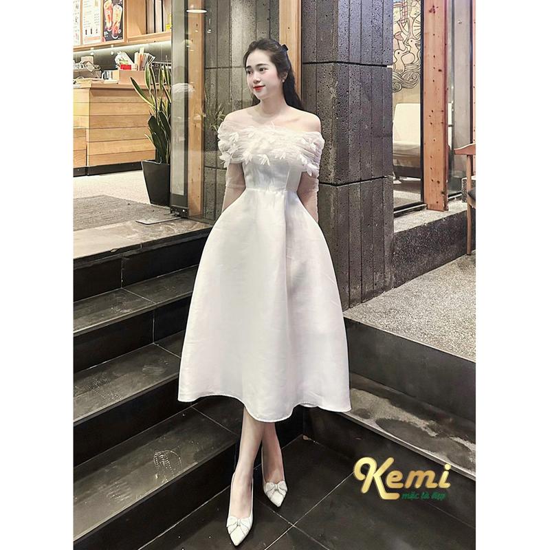 Đầm maxi dự tiệc, váy cô dâu đi bàn trễ vai dáng dài phối vai ống tay ren lưới nhũ, đính kết hoa voan Kemi Nữ Dress Váy Cưới Áo Cưới Đen