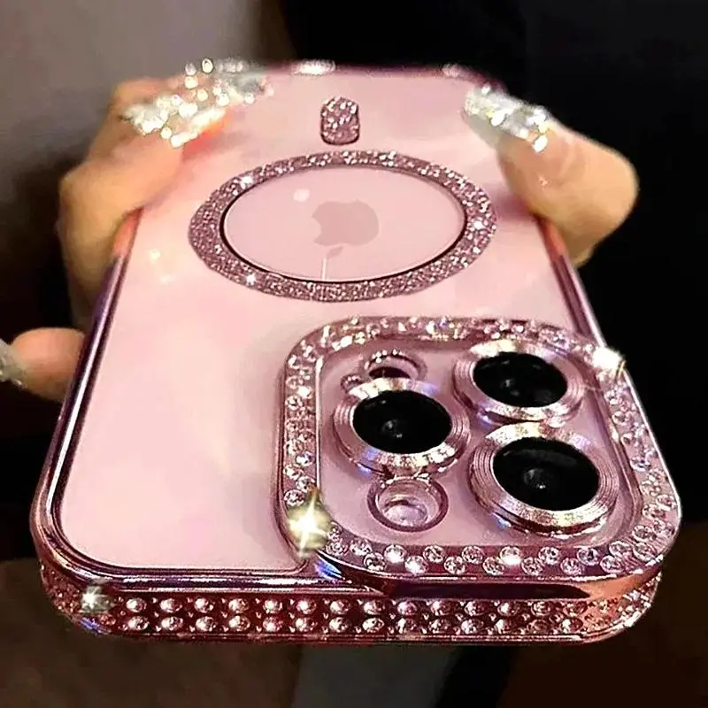 Sarung Telefon Berlian Pengecasan Wayarles Magnetik Lembut, Serasi dengan iPhone 11, 12, 13, 14, 15, 16, Pro Max dan Plus, Penutup Belakang Bumper Magsafe Berkilauan