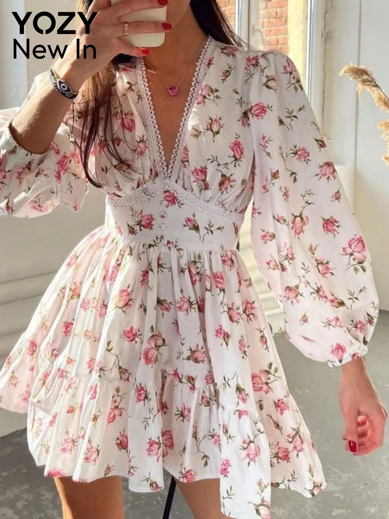 YOZY Women's Floral Print Lace Trim V Neck Dress, Boho Fashion Casual Bishop Sleeve Dress for Daily Holiday Vacation Wear, Women Dress for Spring Fall