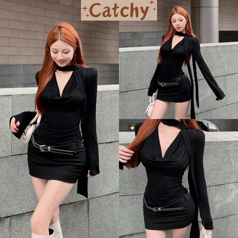 Đầm Body Cổ Đổ Tay Dài Form Mini Kèm Nịt Quyến Rũ Phong Cách Y2k CATCHYstore Đầm Ôm Dáng Ngắn Cổ Trễ Có Dây Cổ Tay Dài Kèm Thắt Lưng Sexy Cá Tính Nữ Women Dress Dài Tay Thun Đen