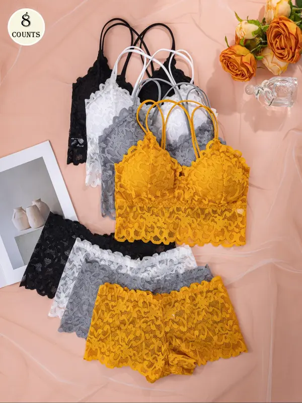 Women's Contrast Lace Backless Bra & Shorts Underwear Set, Sexy Comfy Breathable Lingerie Set for Daily Wear, Underwear Set for Women 4