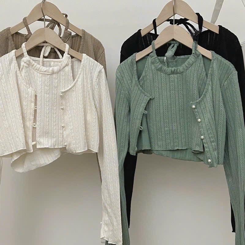 Set áo yếm và áo khoác ngoài tay dài len gân croptop