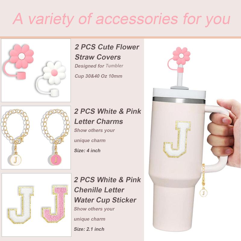 Tumbler Cup Accessories, 6pcs/set Tumbler Decor Accessories, Including 2pcs Silicone Straw Cover, 2pcs ID Letter Chain Charm & 2pcs Self-adhesive Chenille Letter Sticker, Reusable Tumbler Hanging Ornament, Bottle Not Included 5