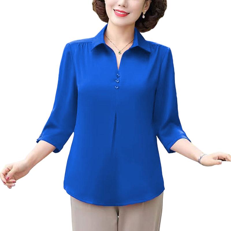Bqudyzy-Áo Mùa Hè Cho Mẹ, Cổ Áo Rẽ Xuống, Nút Màu Trơn, Tay Áo Ba Phần Tư, Áo Chui Đầu, Quần Phù Hợp, Áo Phông Trung Niên Thường Ngày Cộng Với Kích Thướ, Quần Áo Mùa Xuân Cho Nữ 4
