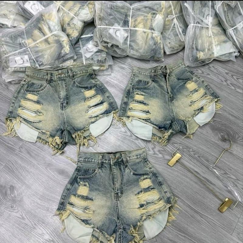 Quần short jean nữ túi lồi rách gấu xanh rêu bụi vàng [CHĂMCHĂMM65] Women son quần đùi Sang trọng Drawstring quan