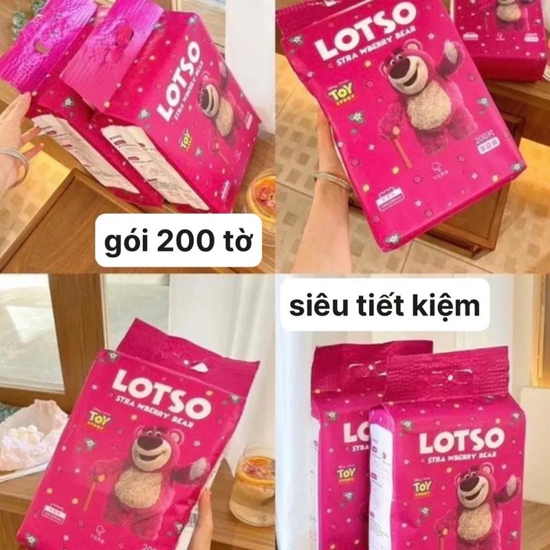 (MUA 2 TẶNG 1) 3 Bịch Khăn Gấu Dâu Đa Năng LOTSO (Mỗi bịch 200 tờ) Khăn Lau Mặt Giấy Vệ Sinh