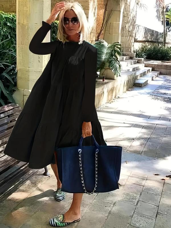 Plus Size Solid Ruffle Hem Flounce Sleeve Smock Dress, Casual Long Sleeve Round Neck Dress for Spring & Fall, Women's Clothes for Daily Wear 2