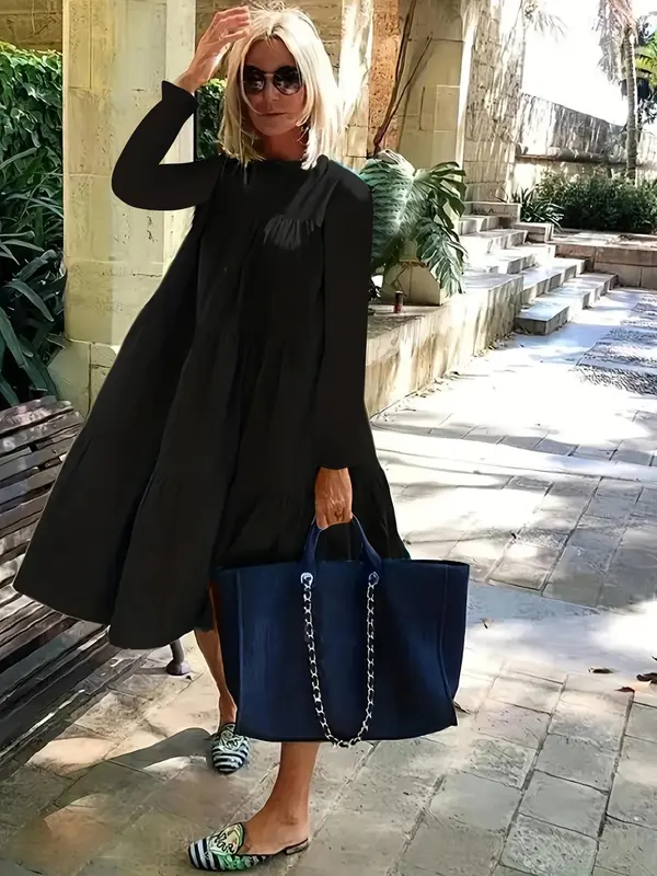 Plus Size Solid Ruffle Hem Flounce Sleeve Smock Dress, Casual Long Sleeve Round Neck Dress for Spring & Fall, Women's Clothes for Daily Wear 2