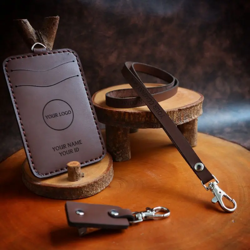 Lanyard ID Card / ID Card Holder Kulit / Name Tag Kulit Custom Gravir Nama Logo 1