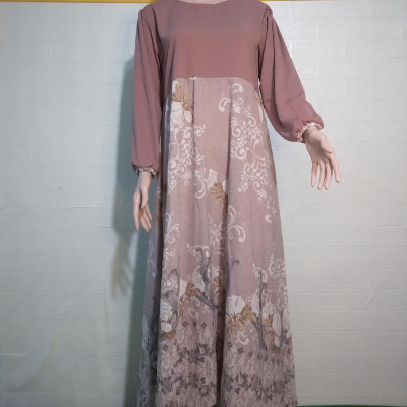 dres jumbo kain crinkle mix motif ld 120cm dengan tali pinggang yg panjang dan bawahan mayung standar Busui Gamis Muslim Wanita Kombinasi 3