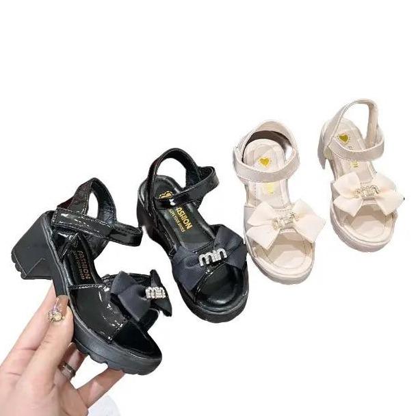 Sandal cao gót 5cm Nơ min da mềm, đế nhẹ êm cho bé gái, Xăng Đan tiệc cho bé gái 3t đến 12 tuổi giày cao gót cho trẻ em giàycaogót cho10tuổi Black Sandals & Flip Flops dép 5 phân học girl quai hậu