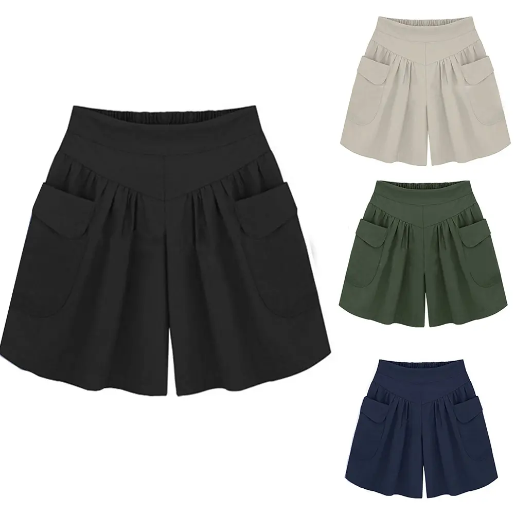 arunreh Casual Plus Size Solid Color Women Loose Wide Leg Pants Shorts with Pockets