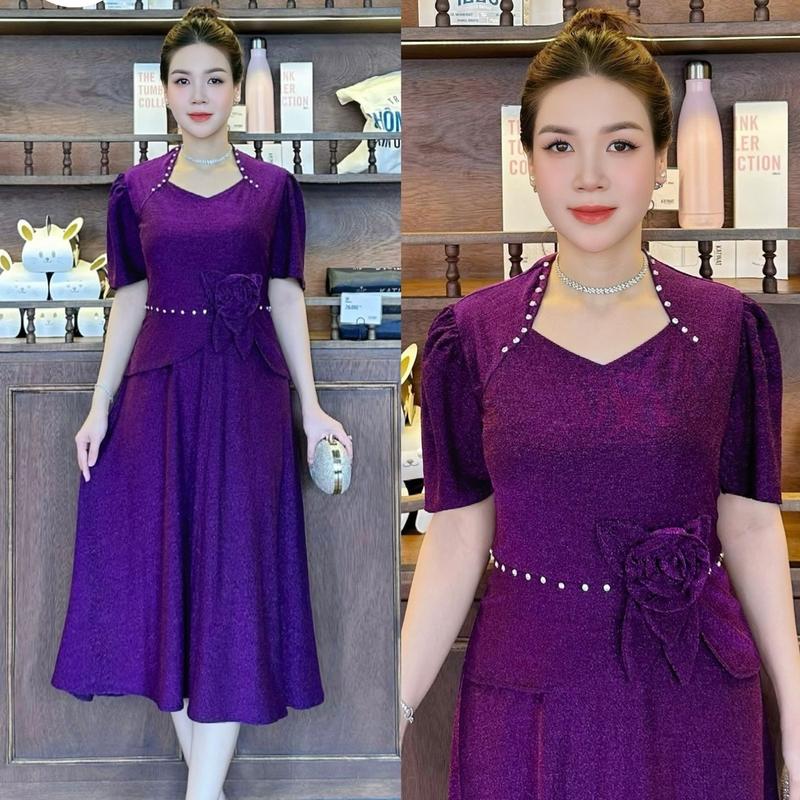Đầm Đi Tiệc Mã VH732 Dáng Lững Cổ Nữ Hoàng Chất Nhũ Đính Ngọc Thủ Công Co Giãn có size từ 48kg đến 75kg cho Nữ - Women Dress Thun váy mặc xoè chân 4