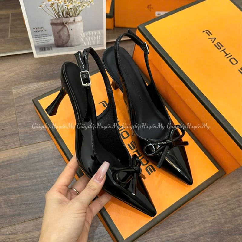 Giày cao gót 7p mũi nhọn phối nơ quai hậu chun cài khuy hàng cao cấp full hộp Shoes Nữ ( BD29 )