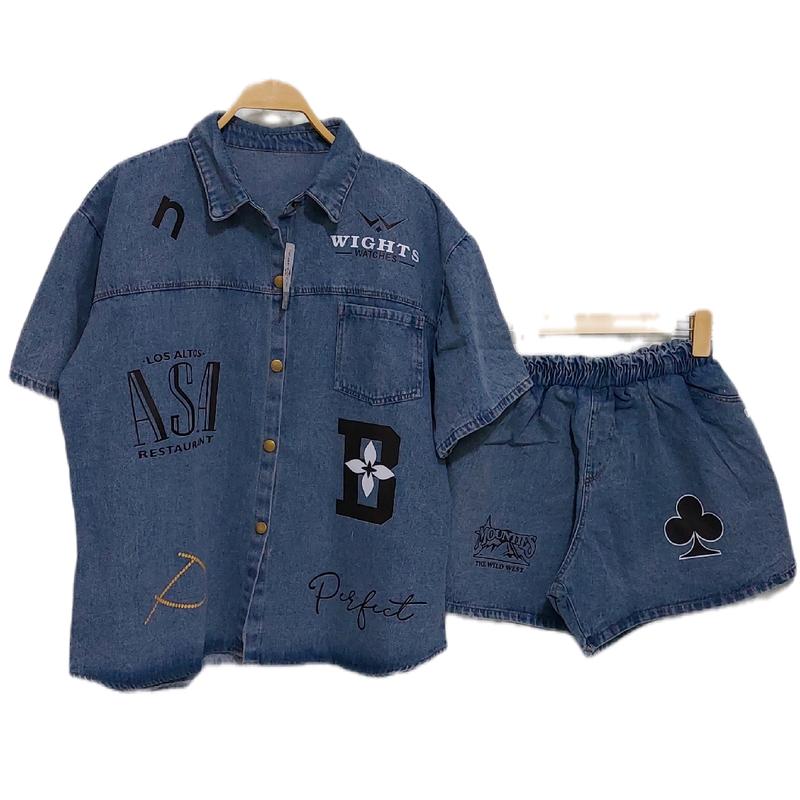 sét jeans đùi sơ mi cho nữ in chữ 2