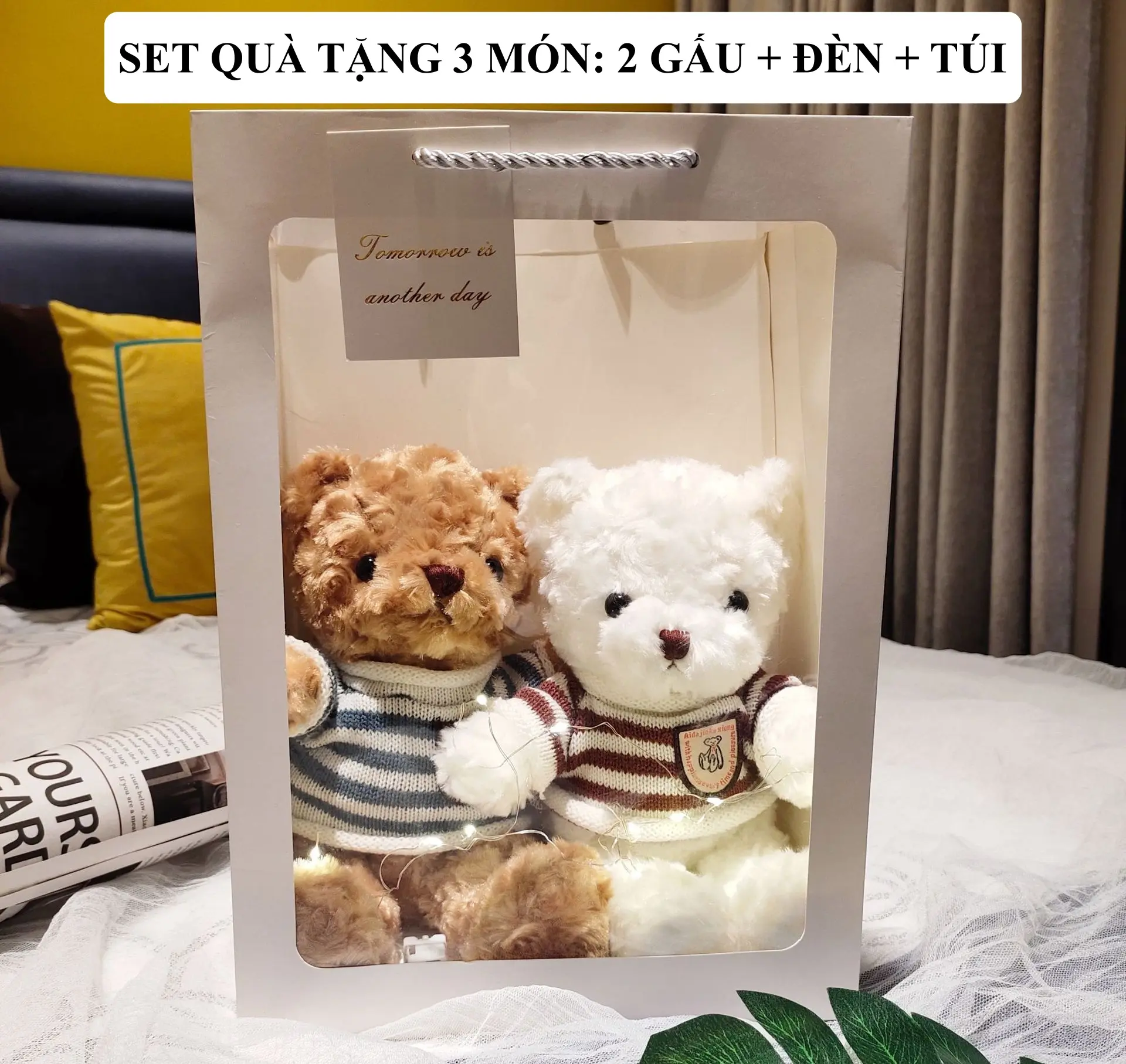 Set quà tặng 2 gấu bông dễ thương, xinh xắn kèm túi xách, đèn, quà tặng cho ngày lễ và các dịp đặc biệt GA07