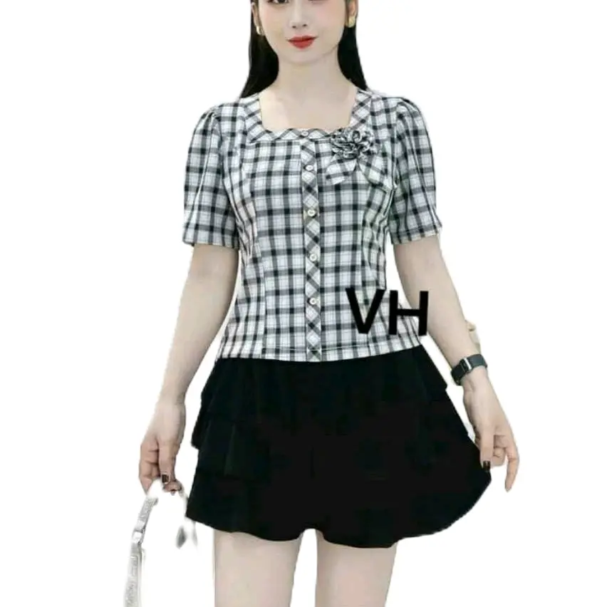 áo kiểu nữ thời trang công sở cổ vuông phối nơ dễ thương Top Cổ Tròn