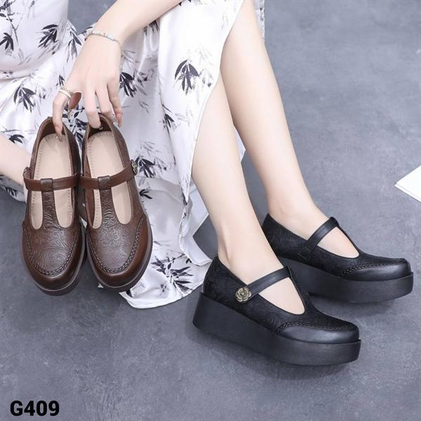 G409 Giày Búp Bê Nữ Labag Da Bò Thật Đế Xuồng Cao 5 Phân - Thiết Kế Khắc Họa Tiết Hoa Hồng Thanh Lịch