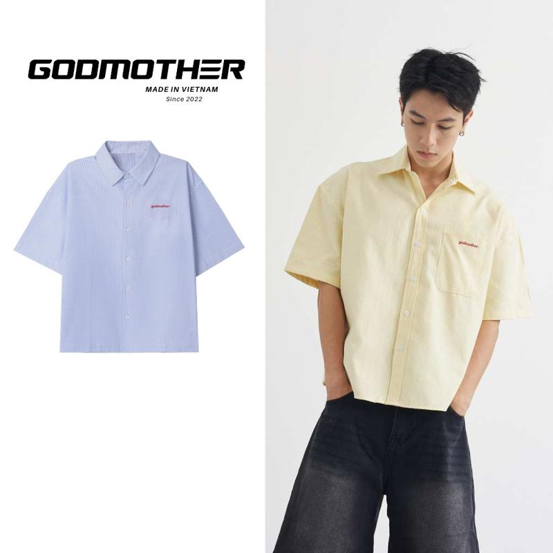 Áo Sơ Mi Nam Oxford GODMOTHER Kẻ Sọc Tay Ngắn Form Boxy Cổ Bẻ Vàng/ Xanh Menswear