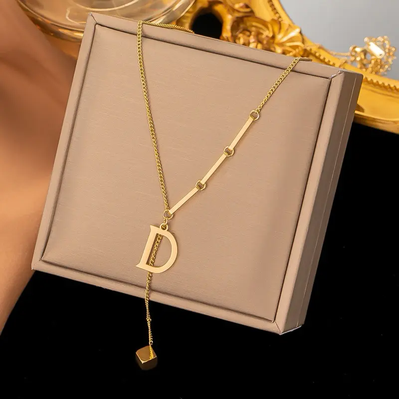 Kalung Titanium Inisial Alphabet Huruf A-Z Cube Anti Karat Korean Style A01-A26 5