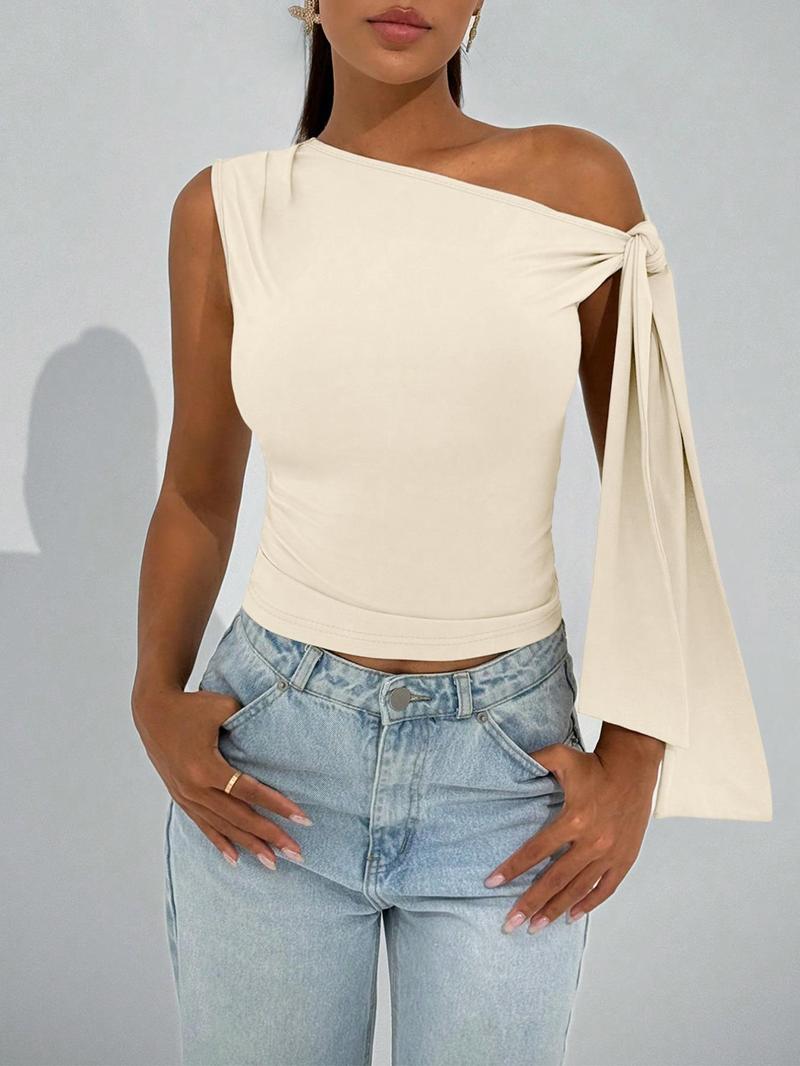 Product Introduction of Women's Solid Color Asymmetrical Neck Ruched Crop Top, Casual Sleeveless Top for Summer, Ladies Clothes for Daily Wear 4