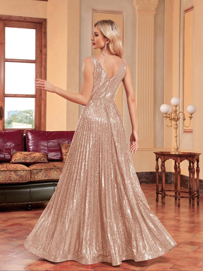 Product Introduction of Women's Contrast Sequin Backless Pleated Evening Dress, Elegant Deep V Neck Sleeveless Maxi Dress for Party Banquet, Ladies' Clothes for Summer 6