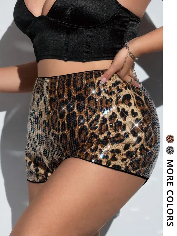 Women's Leopard Print Glitter Shorts, Casual Comfy Skinny Shorts for Daily Wear, Ladies Bottoms for Summer, Womenswear 0