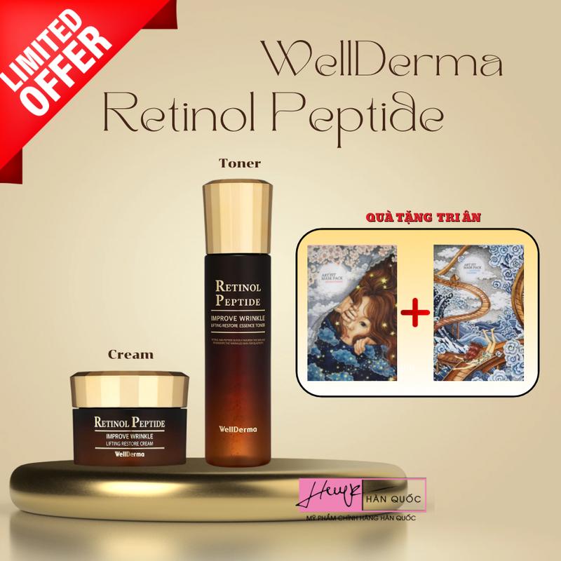 Bộ 2 toner & kem dưỡng Retinol Peptide WellDerma - Tặng 02 miếng mặt nạ Art fit