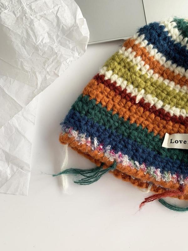 Rainbow Stripe Pattern Label Patched Design Beanie Hat, Casual Street Warm Ear Protection Knit Hat for Fall & Winter, Fashion Accessories for Women & Men 4