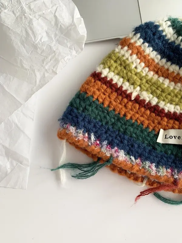 Rainbow Stripe Pattern Label Patched Design Beanie Hat, Casual Street Warm Ear Protection Knit Hat for Fall & Winter, Fashion Accessories for Women & Men 4