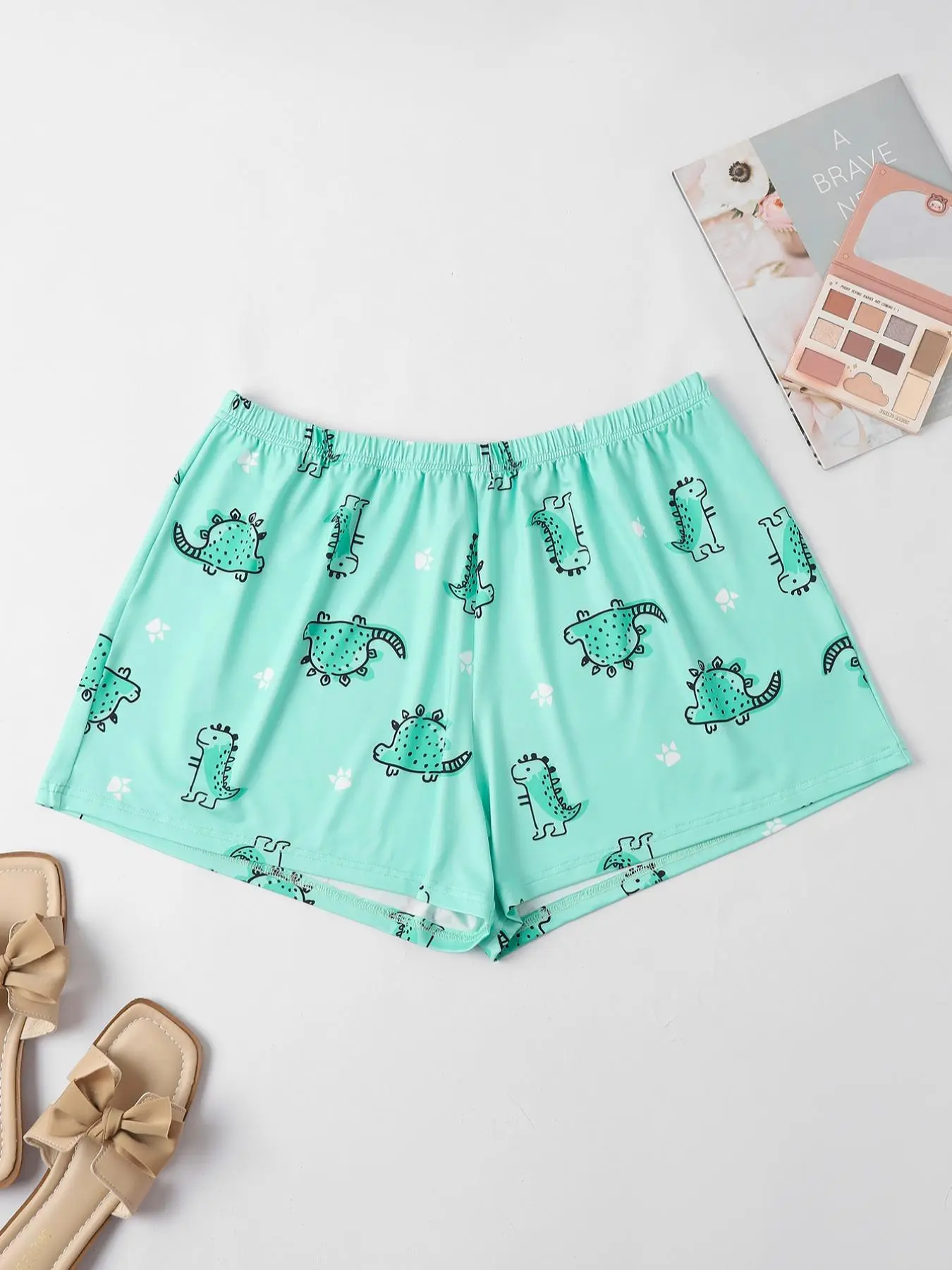 Women's Plus Size Cartoon Dinosaur Print Sleep Shorts, Casual Comfy Elastic Waist Lounge Shorts, Fashion Lady PJ, Women Summer Sleep Bottoms, Plus Size Clothing, Women's Summer Clothes