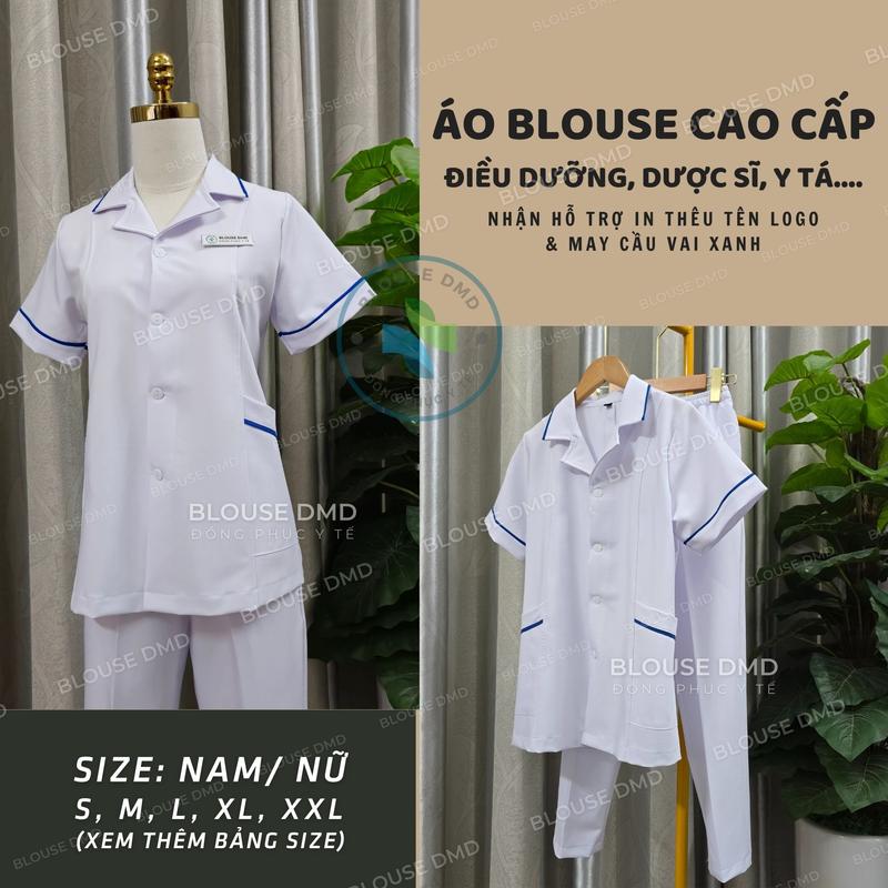 Áo Blouse trắng Dược Sĩ CAO CẤP, bộ Điều dưỡng, Y tá, đồng phục Nhà thuốc, Quầy thuốc NỮ cộc tay Cotton