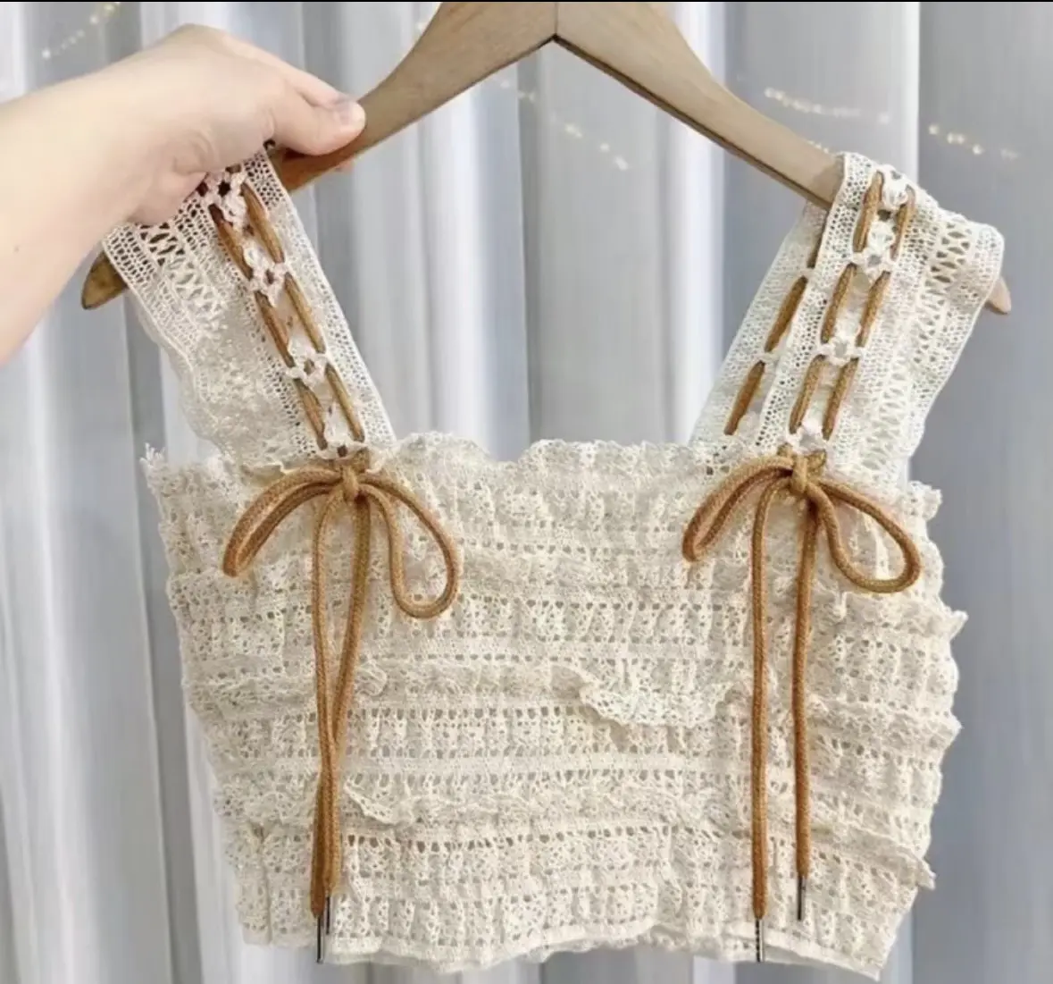 Áo ren dây nơ croptop xiu xinh Nữ Women Viền Ren