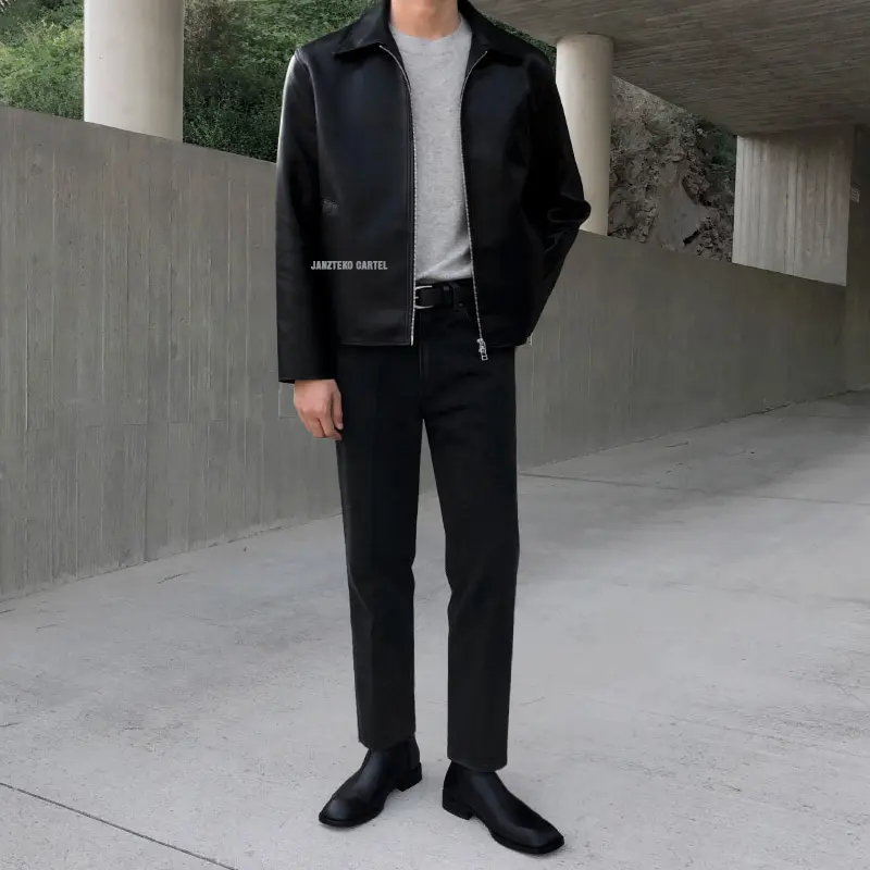 JNK x EDWIN - Jaket Vintage Pria Mafia Varsity Bahan Semi Kulit Sintetis Synthetic Leather Cowok Korea Kasual Outfit Laki Laki Baju Shirt Blazer Casual Jacket Remaja Dewasa Zipper Resleting 1