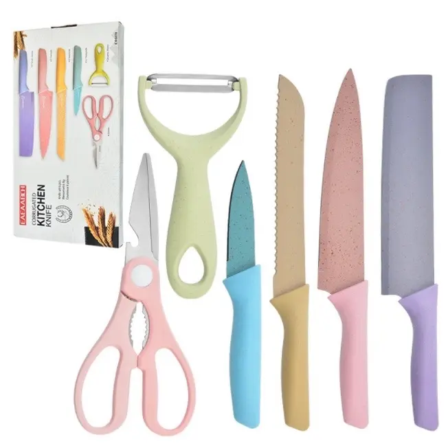 XD 6PCS Kitchen Knife Set Colorful Stainless Steel Cleaver Scissor Kitchen Ceramic Peeler Tools Block Kitchen Knives Knife Block Equipment knifeset 6in1 multicolor non-slip