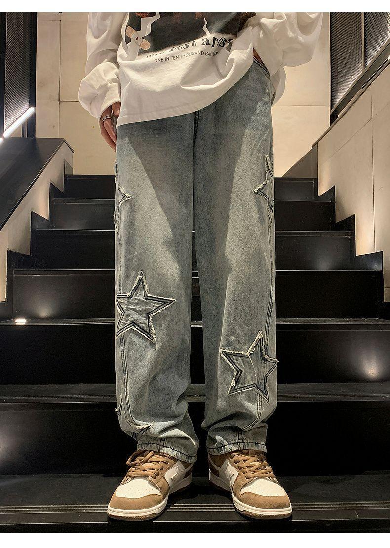 Product Introduction of Pants Men's Ins Fashionable Loose Wide-Leg American Vibe High Street Jeans Men's Fashionable Fried Street Ruan Shuai Straight Men's Pants Sneaker 22
