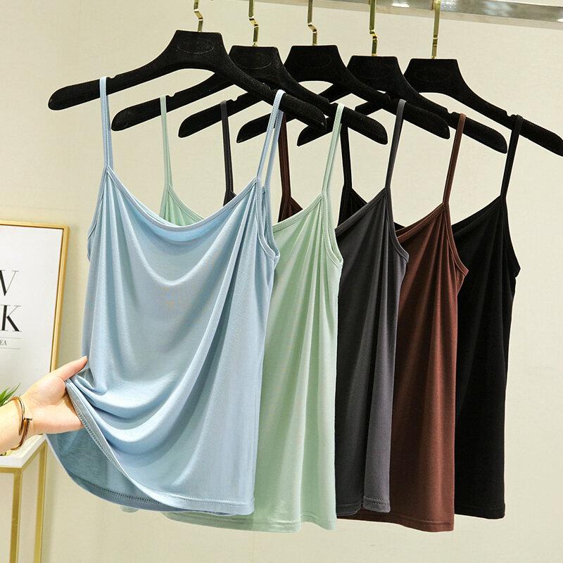 Áo Hai Dây Nhỏ Chất Liệu Vải Modal, Không Tay Mùa Hè Cho Nữ, Phối Bên Trong, Mỏng Vừa Vặn, Áo Lớp Nền, Ngoại Cỡ, Áo Mỏng, Màu Trơn Thích Hợp Mặc Bên Trong, Kiểu Áo Vest Top Women Tua Rua Sò Cổ Tròn 2