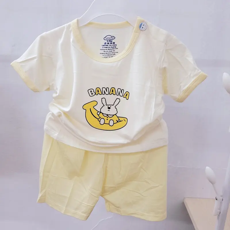 Unchi Bộ quần áo cộc tay mùa hè trẻ em cổ tròn chui đầu cúc vai in họa tiết vải thun lạnh mềm mát cho bé 6-13kg 5