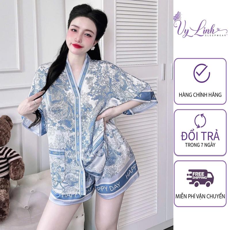 Bộ Đồ Ngủ Pijama Cánh Dơi Dành Cho Nữ Hoạ Tiết In  3D Chất Liệu Lụa Latin Nhẹ Mát S1275 dobo tay Women Nho
