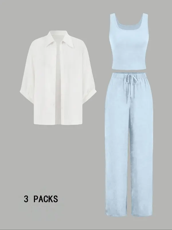 Women's Solid Button Front Shirt & Tank Top & Drawstring Waist Pants Set, Casual 3 Piece Outfits for Year-round Daily Wear, Ladies Clothes for All Seasons 3