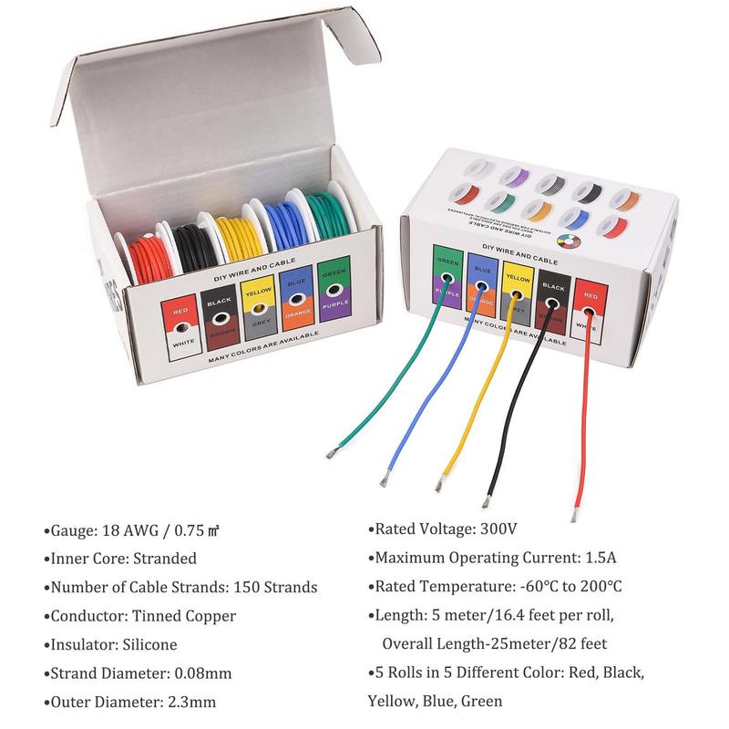 18 AWG Stranded Electrical Wire, 1 Set 18 Gauge Tinned Copper Wires, Flexible Silicone Electric Hookup Wire Kit, DIY/Automotive/Home/Power Wiring Kit 2