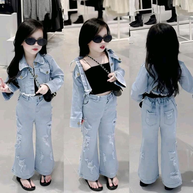 Loe Set bộ bé gái gồm áo jean và quần jean loe cho bé gái sành điệu 10-50kg