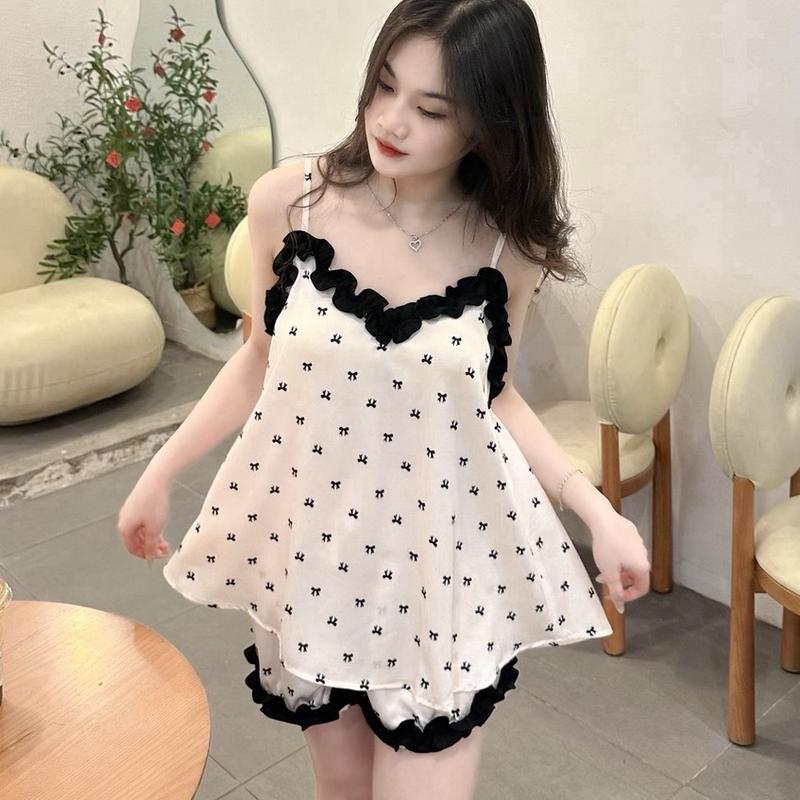 Đồ Ngủ Lụa Satin 2 Dây Nữ Mẫu Bèo Xinh Xắn, Freesize 38-71kg, Mặc Ở Nhà Thoải Mái, Chất Lụa Mềm Mịn, Giặt Máy .Mã 2S03