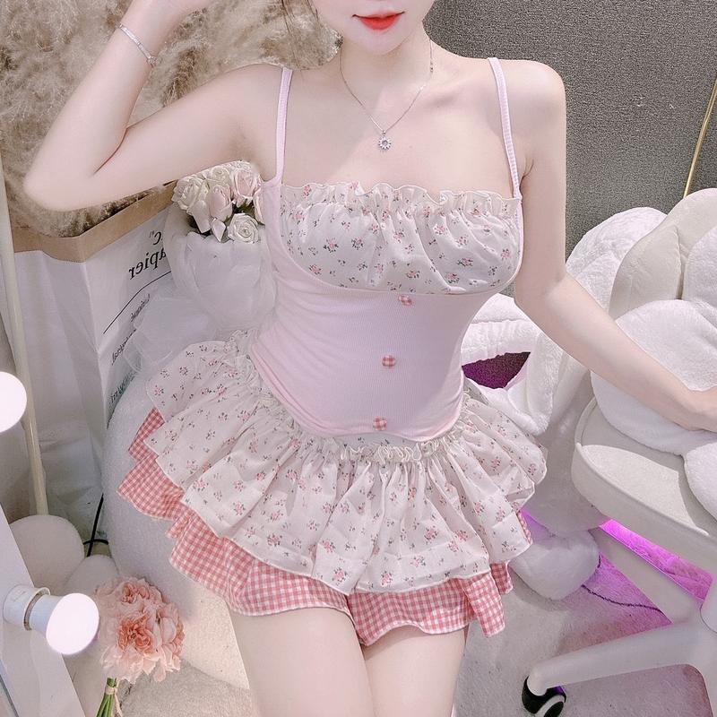 Set Áo Váy Hai Dây Thô Hoa Nhí Chân Kẻ Xoè Tiểu Thư CD15, tôn dáng nữ tính ,38-56kg,szS/M( ảnh thật) Women Thun