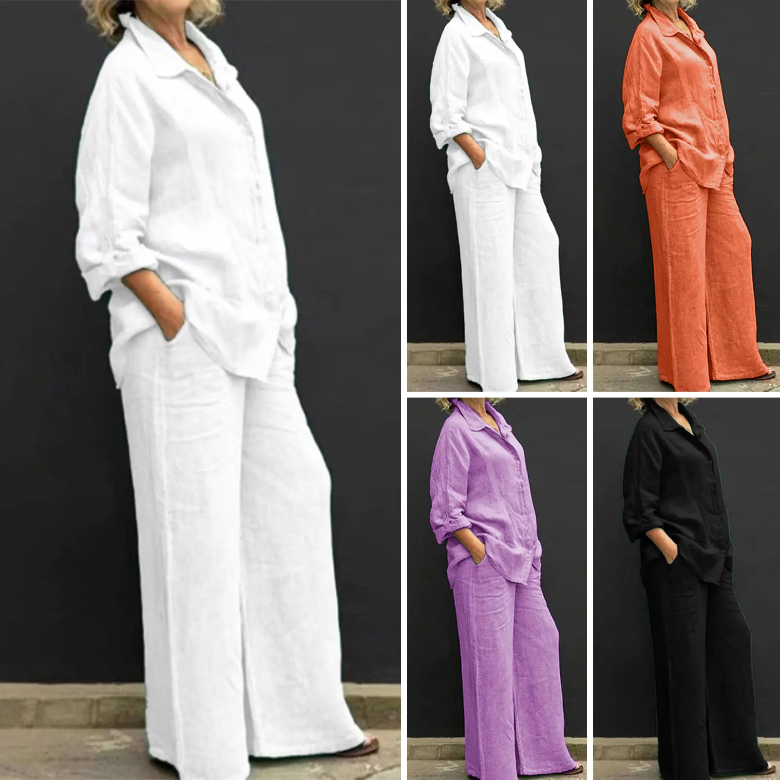 2Pcs/Set Autumn Women Solid Color Casual Outfit Lapel Long Sleeve Single-breasted Shirt Elastic Waist Pockets Straight Wide Leg Pants Set