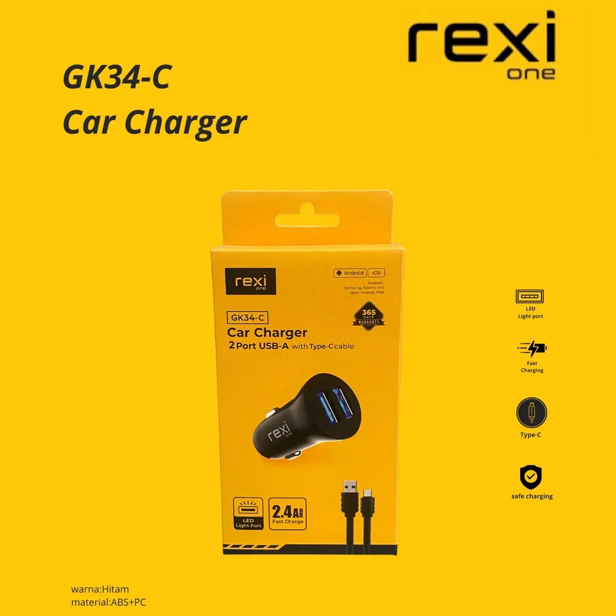 Car Charger 2Port USB-A with type-C cable Led