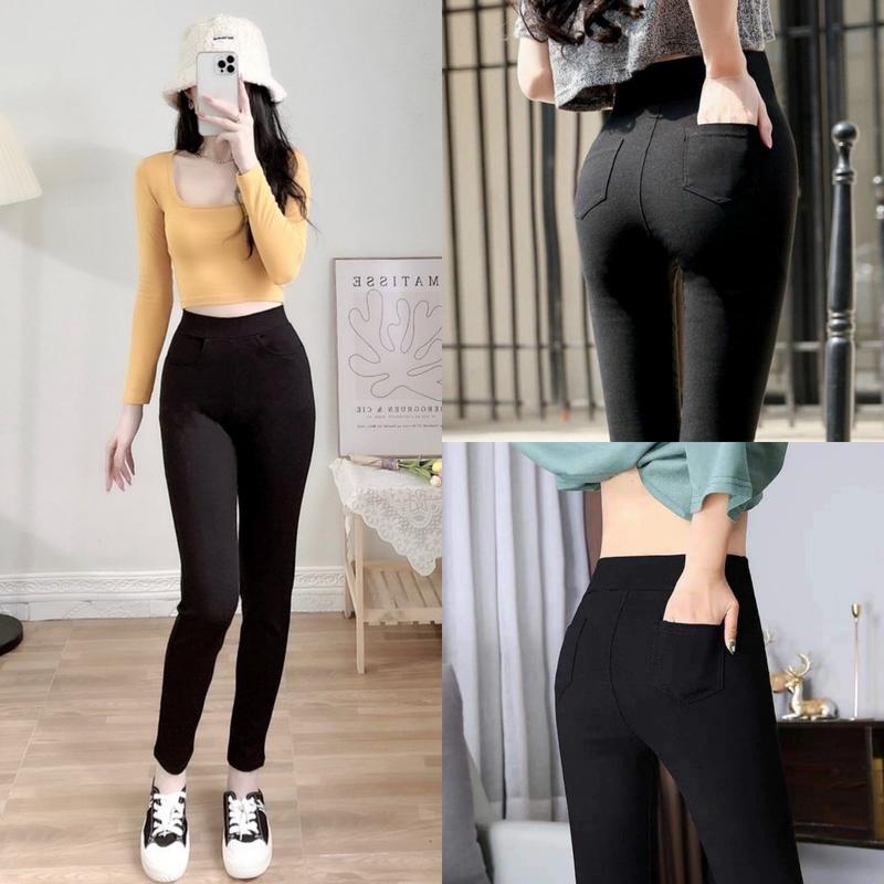 Quần legging nữ cạp cao dáng dài 4 túi vải cotton co giãn màu đen dáng ôm - Quần legging bó nữ trơn ôm thể thao tập gym đi làm công sở đẹp Đồng Yoga