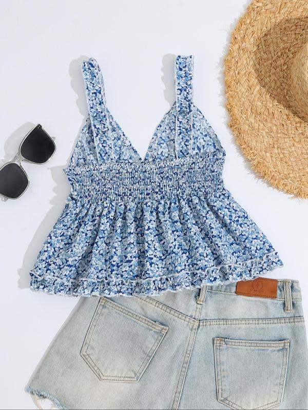 Women's Ditsy Floral Print Frill Trim Shirred Peplum Cami Top, Boho Fashion Deep V Neck Top for Daily Holiday Vacation Wear, Bohemian Tops for Women, Ladies Clothes for Summer, Womenswear 7