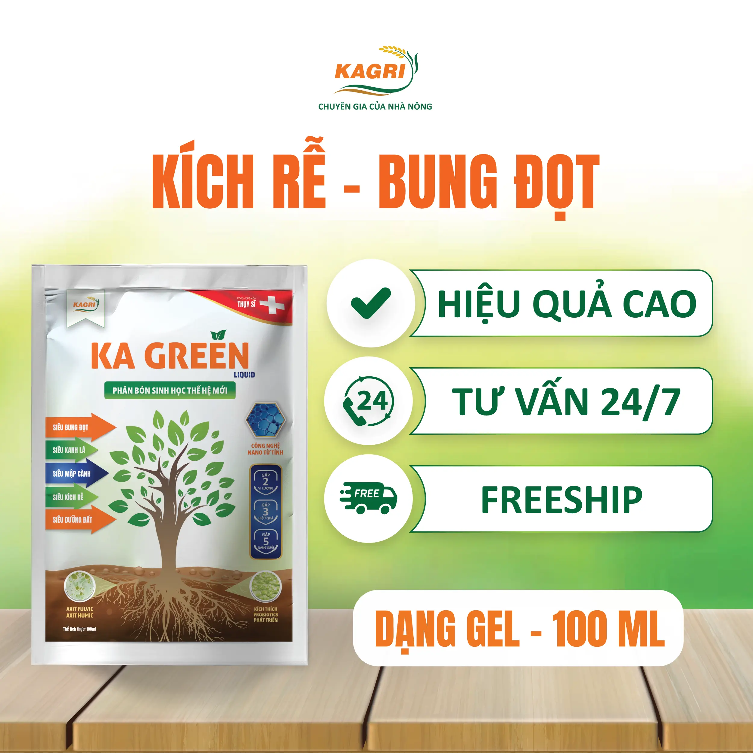 Phân bón sinh học kích rễ, bung đọt, mập cành, dày lá KA GREEN LIQUID 100ML dạng nước tưới gốc phun lá