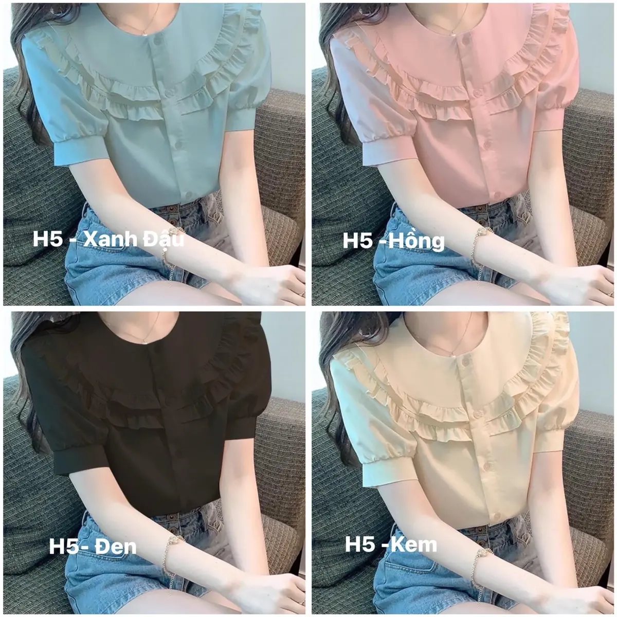 Áo sơ mi nữ cổ tròn phối bèo cổ tiểu thư chất lụa mềm mịn -Gloria Shop H5 Top Women Kem
